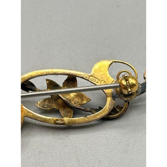Antique 9kt 375 Gold Floral Brooch with Blue Gemstone Accent Bar Pin - Picture 4 of 9